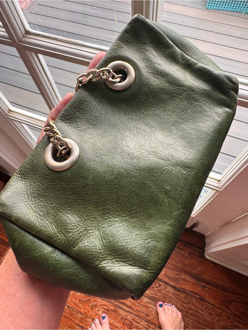 Furla Dark Green Leather Crossbody with Gold Chain - Picture 3 of 10